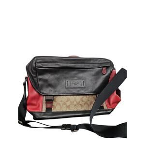 Coach Men’s Leather Messenger Bag Signature Canvas Black Red Crossbody